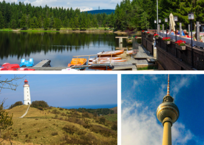 Eine Reise-Collage, die Boote auf einem friedlichen Bootssteg mit Wald im Hintergrund, einen Leuchtturm auf einem grasbewachsenen Hügel und einen hohen Fernsehturm mit einer Beobachtungskugel vor blauem Himmel zeigt.