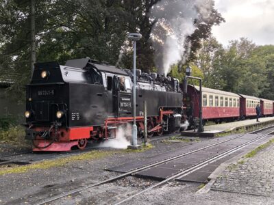 Eine schwarze Dampflokomotive mit der Nummer 99 7241-5 dampft auf einem kleinen Freiluftbahnhof der Brockenbahn, an den creme- und kastanienbraune Personenwagen angehängt sind, umgeben von Bäumen und einem gepflasterten Bahnsteig.