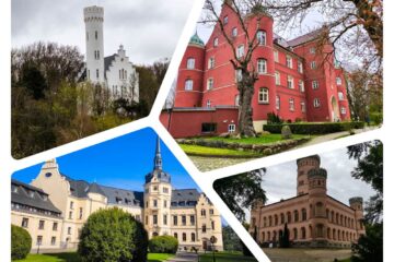 Eine Collage von vier europäischen Schlössern, darunter ein weißes Rügener Schloss mit einem hohen Turm, ein rotes Backsteinschloss mit grünen Kuppeln, ein beiges Schloss mit Türmen und ein braunes Schloss mit runden Türmen, alle umgeben von üppigem Grün oder Bäumen.