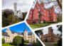 Eine Collage von vier europäischen Schlössern, darunter ein weißes Rügener Schloss mit einem hohen Turm, ein rotes Backsteinschloss mit grünen Kuppeln, ein beiges Schloss mit Türmen und ein braunes Schloss mit runden Türmen, alle umgeben von üppigem Grün oder Bäumen.