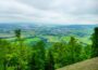 Blick von einem hohen Aussichtspunkt auf ein üppig grünes Tal auf der Schwäbischen Alb mit Baumgruppen im Vordergrund und kleinen Städten, Feldern und Hügeln, die sich unter einem bewölkten Himmel in die Ferne erstrecken.