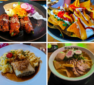 Eine Collage aus vier Gerichten in Stuttgart: gefüllte Fleischröllchen mit Gemüse, Nachos mit Käse und Soßen, Nudeln mit Sahnesoße und Fleischröllchen sowie eine Schale Ramen mit Schweinefleisch, Fischkuchen und Ei.
