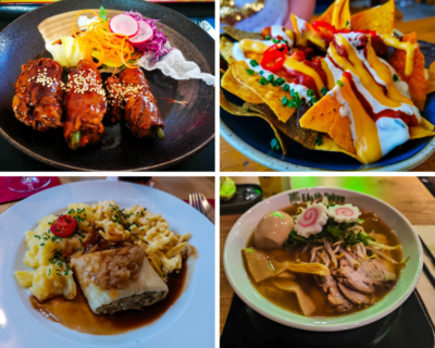 Eine Collage aus vier Gerichten in Stuttgart: gefüllte Fleischröllchen mit Gemüse, Nachos mit Käse und Soßen, Nudeln mit Sahnesoße und Fleischröllchen sowie eine Schale Ramen mit Schweinefleisch, Fischkuchen und Ei.