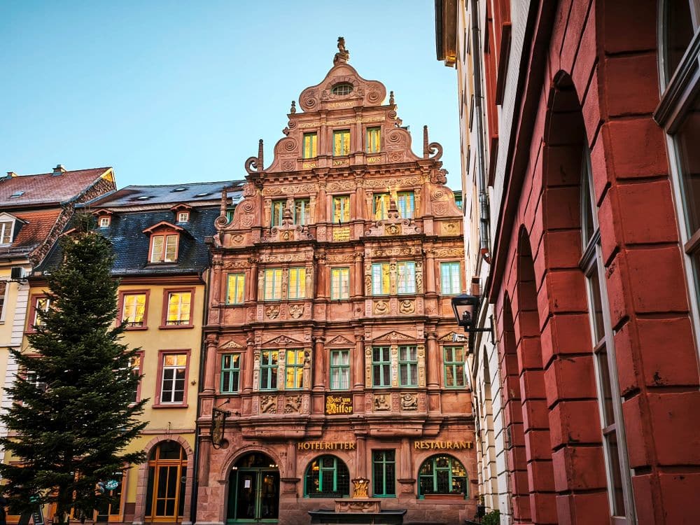 Verziertes, historisches Heidelberger Hotel- und Restaurantgebäude mit kunstvollem Mauerwerk und großen Fenstern, in denen sich der Himmel spiegelt. Flankiert von benachbarten Gebäuden und einer Kiefer ist die Szene in sanftes Tageslicht getaucht.