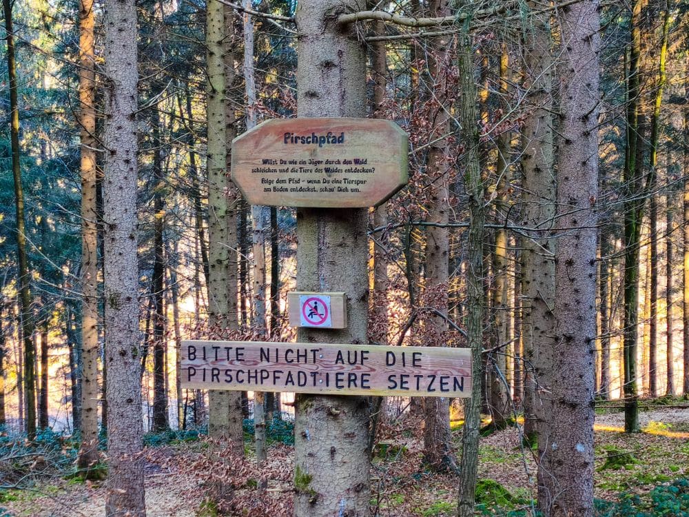 Zwei Holzschilder sind an Bäumen im Wald von Herrenbach-Stausee angebracht. Das obere Schild trägt die Aufschrift Pirschpfad und beschreibt einen Wildtierpfad, während das untere Schild die Besucher auffordert, sich nicht auf Tiere auf dem Pfad zu setzen. Ein kleines Schild zeigt ein durchgestrichenes Hundesymbol.