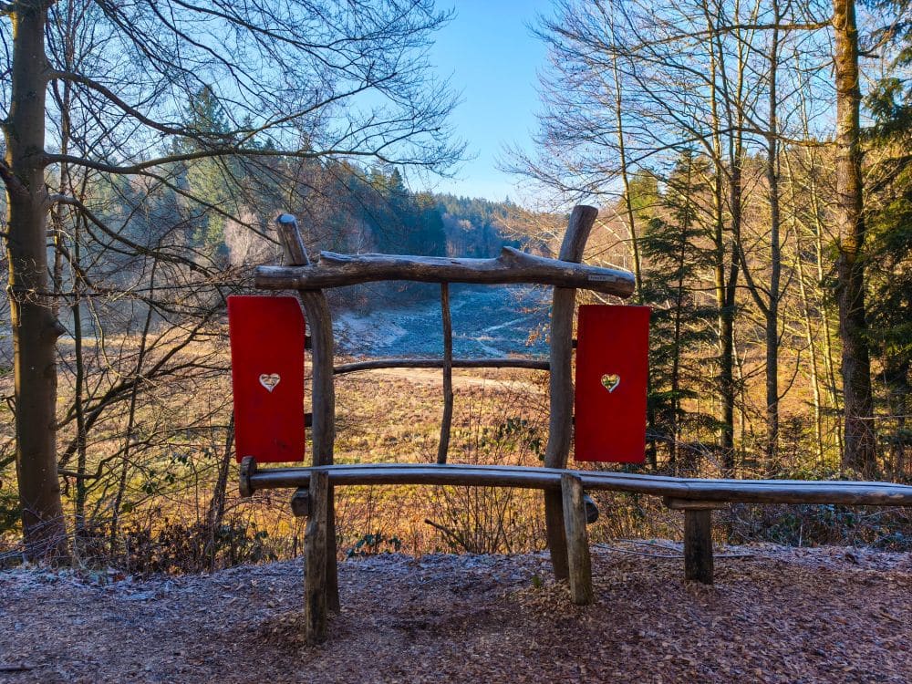 Auf einer Waldlichtung in der Nähe des Herrenbach-Stausees steht eine rustikale Holzbank mit zwei leuchtend roten Paneelen mit herzförmigen Ausschnitten, die einen Blick auf ein malerisches Tal mit Bäumen und einem klaren blauen Himmel im Hintergrund bieten.