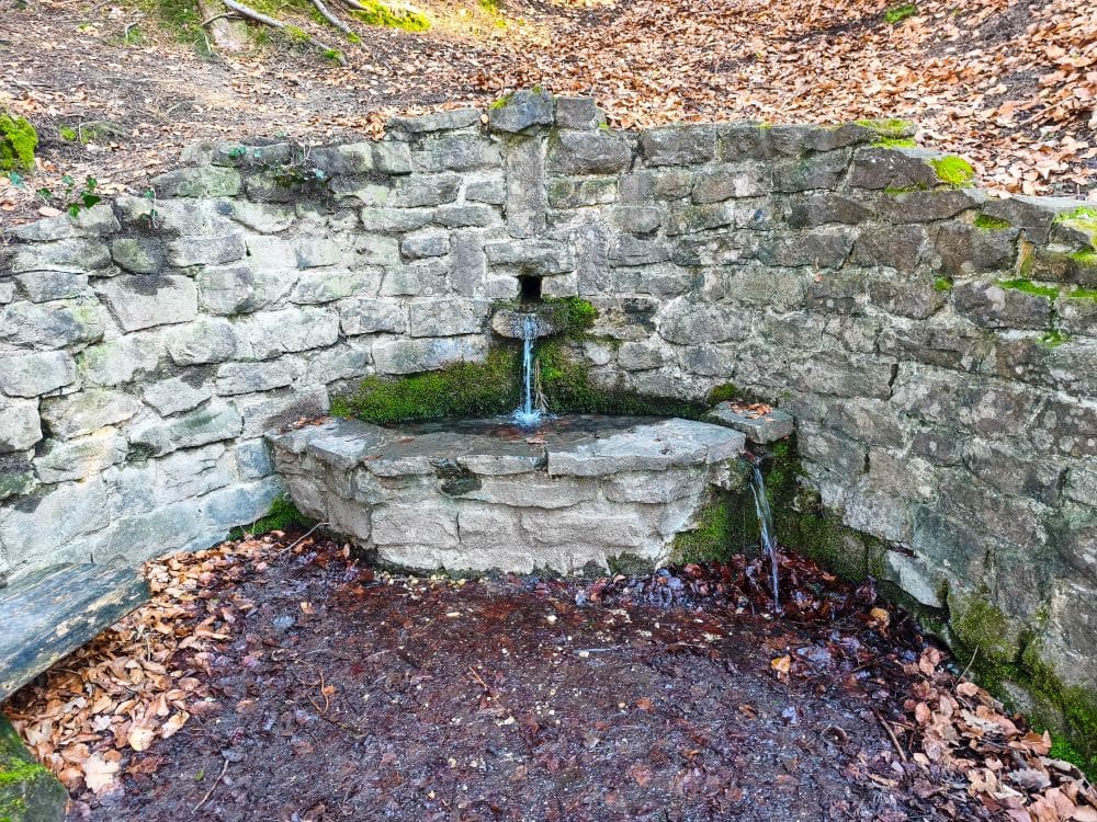 Ein kleiner Steinbrunnen mit Wasser, das aus einem Auslauf in ein Becken fließt, umgeben von einer geschwungenen Steinmauer in der Nähe des Herrenbach-Stausees. Gefallene Herbstblätter bedecken den Boden rund um den Brunnen.